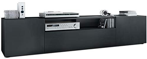 Vladon Lowboard Mogan, TV-Kommode mit 2 Türen, 1 Klappe und 1 offenes Fach, Schwarz matt/Schwarz matt (181 x 39 x 35 cm)