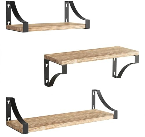 Amada 3er Wandregal aus Paulownia-Holz, mit Metallhalterungen, Hellbraun | Rustikale Wandregale Holz, 3 Brettgrößen, je Brett bis 10 kg, beidseitig montierbare Halterungen, flexible 3er-Anordnung
