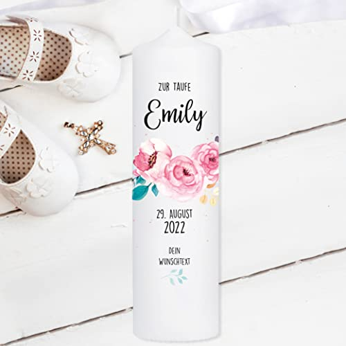 Wandtattoo Loft Taufkerze Junge oder Mädchen Blumen Blüte rosa rosé Baum weiße Kerze zur Taufe, Geburt Kommunion weiß 25 x 7 cm mit Name, Datum, / Taufkerze (eigener Taufspruch)