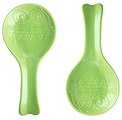 Sweejar Owl Ceramic Spoon Rest Set, Large Spoon Holder for Kitchen, Drip Catcher for Ladle, Spatula, Tongs, Cooking Accessories, Set of 2 (Green)