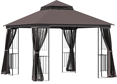 Outgunny Tonnlle de Jardin Barnum pavillon de Jardin 3 x 3 Double Toit avec moustiquaires Amovibles imperméable café