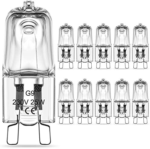 RuLEDne G9 Halogen Bulbs 25W Dimmable, Clear Capsule G9 Halogen Light Bulbs Warm White 2800K, 370lm, AC 230V, 360° Viewing Angle, Non Strobe, Non Flicker Halogen Lamps, 10er Pack