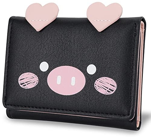 conisy Süß Klein Geldbeutel Damen,Dreifach Gefaltete Leder Dünn Geldbörse mit RFID für Mädchen und Frauen (Schwein Schwarz)