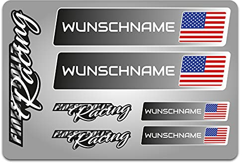 4er Set Aufkleber mit Fahne Flagge und wahlweise Name Sticker für Auto Fahrrad Motorrad Roller Helm im Rallye Racing Design R156 (34 USA, Mit Wunschname)