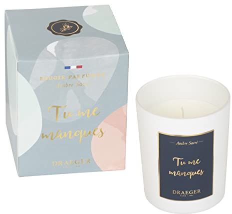 DRAEGER PARIS - Bougie Cadeau Blanche Parfumée Jardin de figuiers Tu me manques - Idée Cadeau pour Ami, Couple, Amoureux, Collègue, Famille - Made in France - 100% Cire Végétale - 40h de combustion