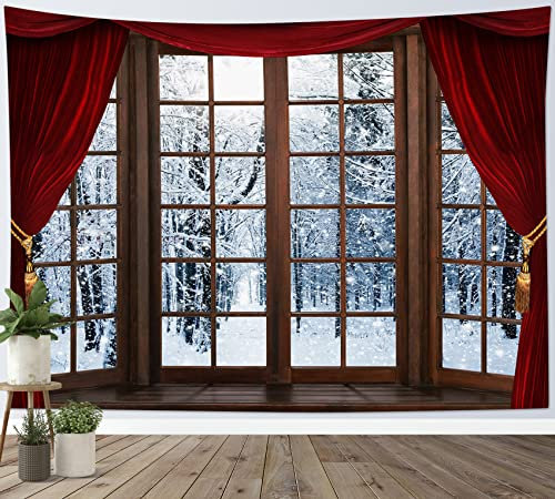 LB Wandteppich Schneewald Wandtuch Verschneite Bäume Außerhalb des Holzfensters Wandbehang Winterlandschaft Tapisserie für Wohnzimmer Schlafzimmer Wohnheim Wanddeko,150x100 cm