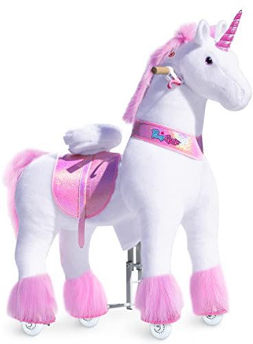 PonyCycle Einhorn zum Reiten, für Erwachsene/Kinder ab 7, 76cm Hoch, Einhorn auf Rollen mit Handbremse und Klang, Einhorn Reitspielzeug, Rosa Plüsch Reitpferd, Klassisches Modell U - Ux502