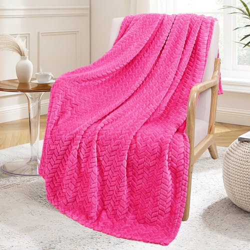 Exclusivo Mezcla Plaid Couverture Polaire en Flanelle, 130 x 170 cm Douce et Tissu Jacquard Plaid Couvertures de Canapé Imprimées de Feuilles, Rose Vif