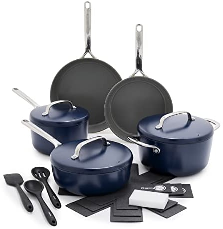 GreenPan GP5 Hard Anodized Healthy Ceramic Nonstick 14 Piece Cookware Pots and Pans Set,Heavy Gauge Scratch Resistant,Stay-Flat Surface, Induction, Mirror Finish Handle,Oven Safe,PFAS-Free, Blue
