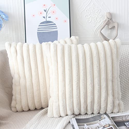 NIULAA Beige Kissenbezug 50x50 2er Set Flauschig Plüsch Deko Kissenbezüge Weich Gestreift Pelz Kissenhülle Dekokissen Sofakissenbezug Luxus Sofakissen Zierkissenbezüge Wohnzimmer Sofa