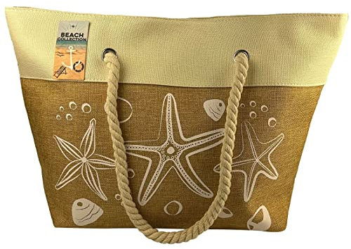 Alsino Strandtaschen Maritim Anker - Wasserresistent mit Reißverschluss & Innentasche - Badetasche XXL Familie Schwimmbad Strand Beach Tasche, Motiv wählen:TT-m77 Seesterne beige