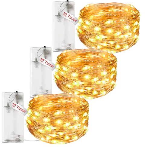 Litogo 3 Pezzi Luci Decorative a LED Batteria con Timer, 3M 30 Filo Impermeabile Mini Luci per Albero di Natale, Interni e Esterni, Feste, Matrimonio - Bianco Caldo