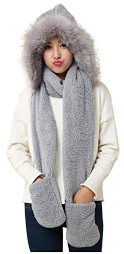 Kapuzenschal Damen, Baumwolle Cozy Winter Dick Wintermütze Handschuhe Kaschmir Knitted Set Cashmere Schal Cap Warm Stricken Loop Elegant Mützen Hut