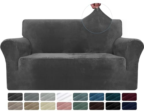 CYCMACO Samt Sofa Überzug 2 Sitzer, Sofabezug Elastische, Couch Überzug Haustier Katze Hunde, Universal Sofa Cover Moderne, Sofahusse Mit Armlehnen, Sofaschoner rutschfest, Grau