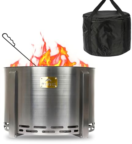 Rauchfreie Feuerstelle – 45,7 cm – Edelstahl-Feuerstelle – Holz-Feuerstellen für den Außenbereich mit Ständer, abnehmbarem Ascherrechen, Feuerschürhaken & Feuerstelle Abdeckung – Rauchfreie