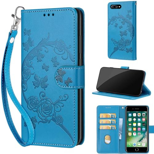Phone Case for iPhone 7 Plus / 8 Plus, Flowers and Butterflies - Blue | Shockproof Flip Wallet, Card Slots, Kickstand, PU Leather, Wrist Strap Lanyard