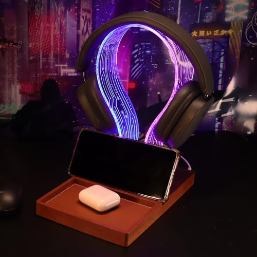 YuanDian Headphone Stand Gamer Geschenke für Teenager Junge, LED Gaming Kopfhörer Telefonständer mit Tablett - Holzhalter mit blau rosa LED Nachtlicht, Geschenk für Männer und Musikliebhaber