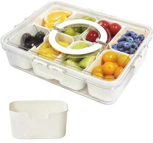 Bandeja Dividida para Servir con Tapa y Asa, Contenedor Almacenamiento Alimentos Portátil plástico, 8 Compartimentos Extraíbles para Fiestas,Organizador Reutilizable para Verduras,Dulces,Frutas,Nueces