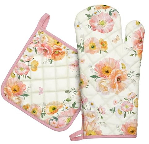 Arquiel Gants De Four & Maniques Lot De 2, 100% Coton Maniques Cuisine Gant Four Anti Chaleur Extra-Longue pour Barbecue, Cuisine, Griller, Micro-Ondes(Fleur Rose)
