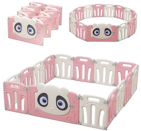 Baroni Toys Modulares Kinder Laufstall mit 15 Kunststoffpaneelen, Laufgitter für drinnen und draußen, anpassbare Form, 150x150 cm, (Rosa Panda)