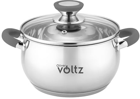 Oliver Voltz Induktions-Kochtopf mit Glasdeckel und Silikongriffe, Messskala für Volumen, Spülmaschinenfest, 20 cm, 3.5 Liter, Grau