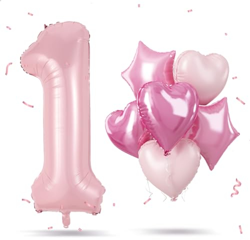Folienballon Zahl 1 Rosa, XXL Pastell Rosa Zahlenballon 1 für Mädchen, 40 Zoll Hell Pink Zahlen Luftballon 1. Geburtstag Deko mit Herz Stern Helium Ballon für Kinder Babyparty 1 Jahre Geburtstagsdeko