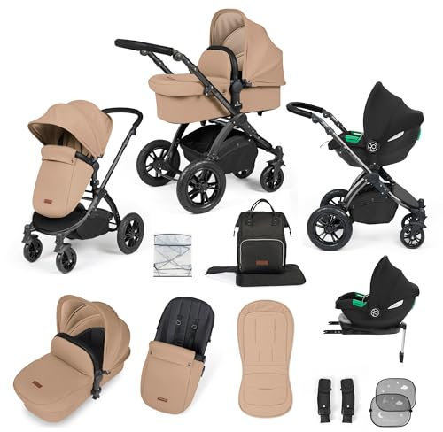 Ickle Bubba Stomp Luxe Kinderwagen & i-Size Cirrus Autositz & ISOFIX Basis - Von Geburt an bis 22kg ca. 4 Jahre*, geländegängig, inkl. Regenschutz, Fußsack, Schürze (Schwarz/Wüste/Schwarz)