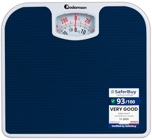 Adamson A21 Analog Scales for Body Weight - Up to 300 LB - New - Anti-Skid Rubber Surface - Large Numbers - Analog Bathroom Scale - Affordable - Durable with 20-Year Assurance - Blue