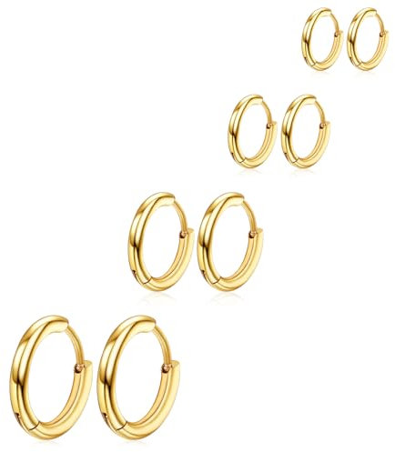 4 Paar Creolen Ohrringe Für Männer Damen Gold 316L Chirurgenstahl Creolen Ohrschmuck Set Rund Ohrringe Snug Knorpel Herren Hypoallergene Ohrringe Nase Lippen Ringe (8/10/12/14 mm)