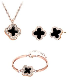 Hanaoops Vierblättriges Kleeblatt Schmuckset für Damen und Mädchen 18K Vergoldet Edelstahl Schwarz Glücksklee Strass Anhänger Halskette Ohrringe Armband Schmuck Set Hypoallergen Zierliche Geschenke