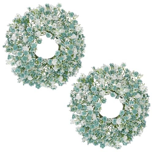 Oairse 2Pcs Small Artificial Gypsophila Wreath 10 Blue Gypsophila Wreaths for Front Door Faux Baby Breath Flowers Wreath Flora Candle Ring for Home Office Indoor Outdoor Tabletop Decor
