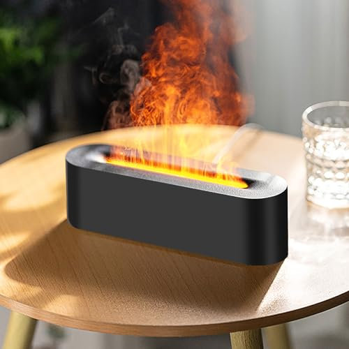 Flammen Aroma Diffuser, Upgrade 7-Farben-Licht diffuser ätherische öle, Luftbefeuchter Humidifier DuftöL Diffuser für Kinder, Zuhause Büro, Raumduft - 4 Timer und Wasserlose Abschaltautomatik -Schwarz