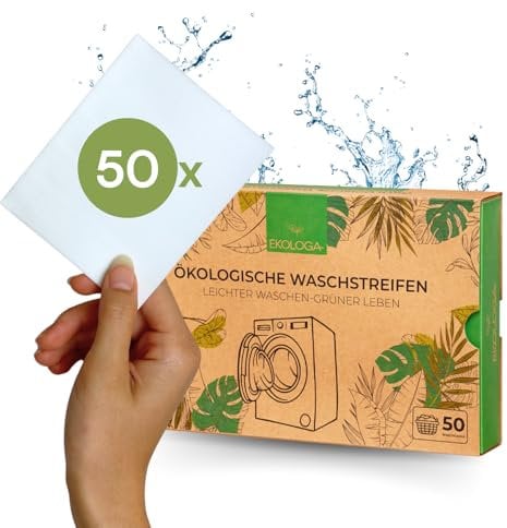 Ekologa Waschmittelblätter - Vegane, Biologisch abbaubare & Plastikfreie Waschstreifen - Ohne Phosphate & Chemikalien - Sanft zur Haut - Für alle Wäschearten (50 Stück)