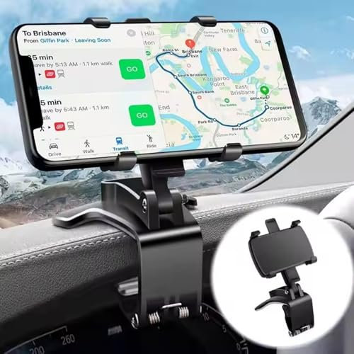 AERRYORD 3 in 1 Car Phone Mount - Dashboard Sun Visor Mirror Navigation Holder Stand with 360° Rotate Mobile Accessories Mount for Truck Mirror Holder Solid Hook Clip