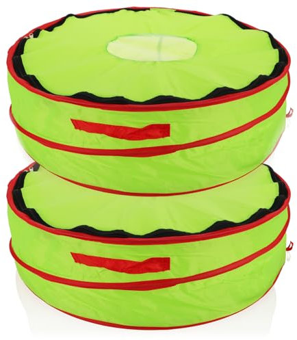 com-four® 2x Aufbewahrungstasche XL mit Sichtfenster - große Schutzhülle für Kränze mit Tragegriff und Reißverschluss für Dekoration, Girlanden, Accessoires (grün/rot - rund 2x)