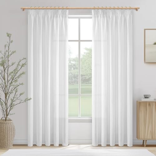 MRTREES Vorhänge mit Kräuselband Weiss Leinenoptik Halbtransparent für Schlafzimmer 2er Set, Weiße Gardinen Leinen 240 cm Lang 140 cm Breit, Vorhang Wohnzimmer Fenster Curtains Living Room