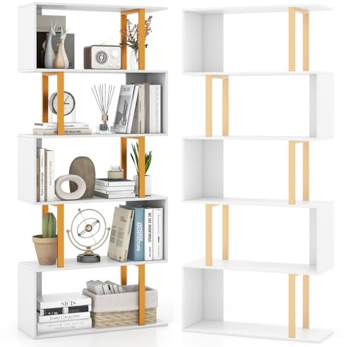 HOMASIS Stehendes Bücherregal mit 5 Ebenen, S-Form Standregal aus Holz & Metall, Aufbewahrungsregal Wandregal Raumteilerregal für Arbeits-, Wohnzimmer, Büro, belastbar 100kg, 70x24x157cm, Weiß+Golden