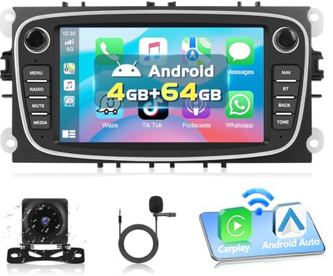 Podofo 4+64G Autoradio für Ford Focus C-Max S-Max Mondeo Kuga Galaxy Mondeo 9 Kuga mit kabellosem Carplay Android Auto, 7'' HD Touchscreen Android Radio mit GPS/WLAN/RDS + Rückfahrkamera und Mikrofon