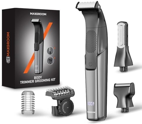MAXGROOM Afeitadora Corporal Masculina 3 en 1, Depiladora Corporal Hombre con Peine Ajustable para Cuerpo y Zona Intima, en Seco y Húmedo, Pantalla LED y Recargable Tipo-C, Negro