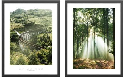 STYLER Bilder Set Woods 2x 30x40 cm (AUFHÄNGFERTIG) mit hochwertigem Rahmen – Natur pur für Ihr Zuhause – Wald Landschaft Minimalistisch Grün Sonnenstrahlen