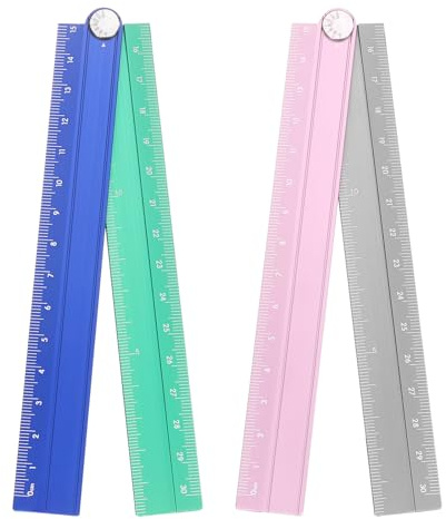 sourcing map 2pcs Folding Straight Ruler 30cm Metric Aluminum Alloy Protractor Foldable Angle Ruler Geometric Measuring Tool with Angle Line for Architects Artist Office, Pink Silver/Blue Green