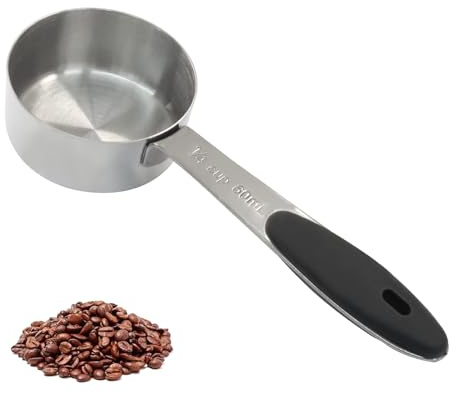 Waziaqoc 1/4 Tasse Kaffee-Messbecher, 60 ml Edelstahl-Messschaufel, 60 ml, Hunde- und Katzenfutterschaufel mit schwarzem, bequemem Griff zum Kochen, für Haustiere, Kaffee