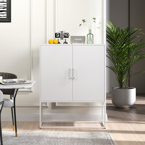 Metall-Sideboard,Lagerschrank– 2 Regale, Freistehender Stahlschrank, Magnettüren, Anti-Kipp-Sicherung, Wohnzimmer, Küche, Büro, H 109 cm × B 85 cm × T 40 cm (Weiß)