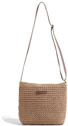 Iridsmole Straw Bag for Women, Summer Straw Shoulder Bags for Woman with Zipper Adjustable Strap, Women’s Straw Beach Bag, Bohemian Woven Handbags for Women Summer Beach Holidays Travel Khaki