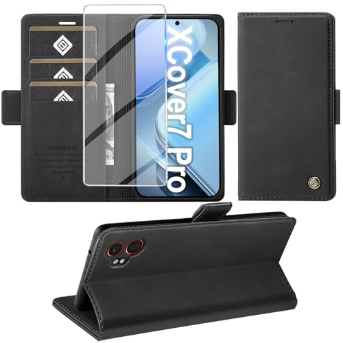 Giyer Handyhülle für Samsung Galaxy Xcover 7 Pro Hülle mit Displayschutzfolie, Schutzhülle PU Leder Wallet Flip Case Ständer Kartenfach Klapphülle für Samsung Xcover 7 Pro Tasche (Schwarz)