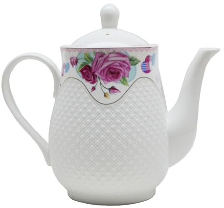 Teekanne aus Porzellan im europäischen Stil, Weiß mit Blumen und erhabenem Punkt-Design, für Kaffee, Tee, Wasser, Vintage-Keramik-Kanne (Teekanne, 1,5 l)