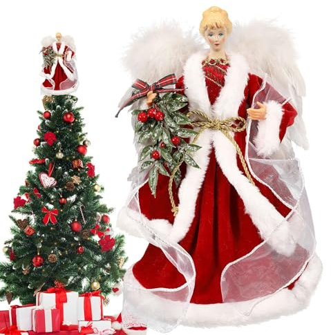 Angel Christmas Tree Topper, 33.5cm Red Gold Angel Figurines Treetop With White Feathers WingsAngel Christmas Tree Top Ornament ChristmasTree AngelTopper For ChristmasDecoration