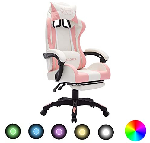 Owoxanthellate Chaise de gaming en cuir synthétique avec LED RVB et repose-pieds - Réglable en hauteur - 64 x 65 x 119 cm - Rose et blanc