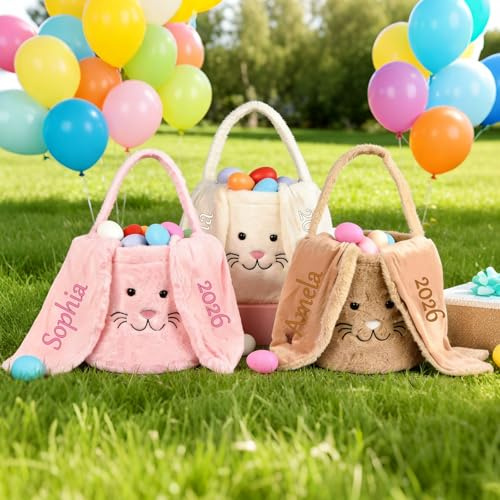 Personalisierte Osterkörbe mit Hasenohren und Griff, Individuell Gestaltbarer Osterkorb mit Gestickten Hasenohren und Namen, Ostereiersuchkorb für Kinder, Hasen-Oster-Tragetasche für Osterdekoration
