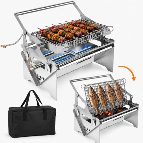 uifame parrilla barbacoa de gas, 2 en 1 portátil barbacoa carbon de gas carbon y leña con rejilla reversible, parrilla pescado de acero inoxidable para camping, plegable para balcón, rejilla girat